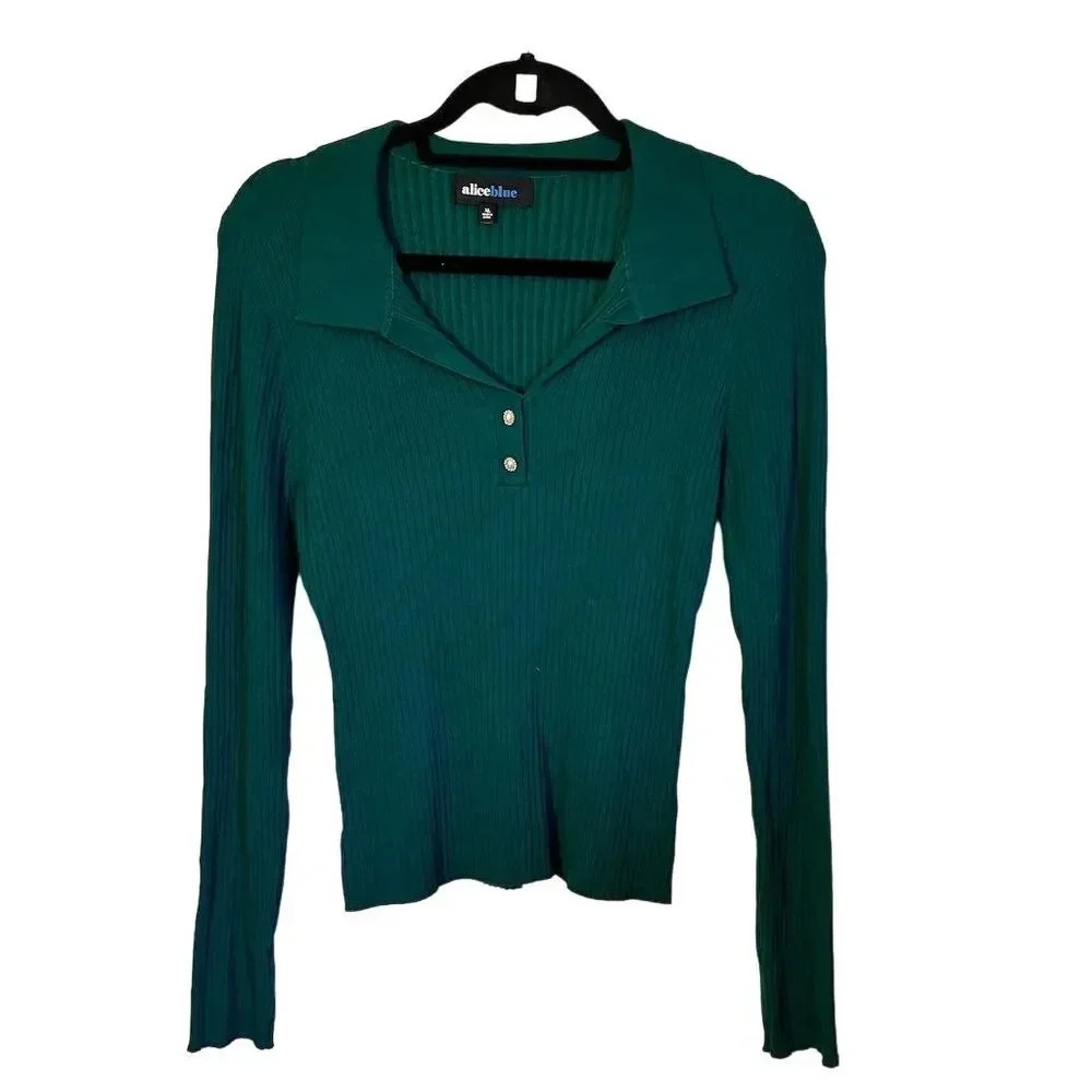 Alice‎ Blue Women's XL Green Ribbed Collared Button-Up Cardigan Sweater